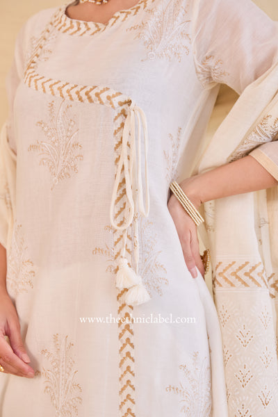 "Shubhra" Ivory Hand Block Printed Chanderi Suit Set(3pc)