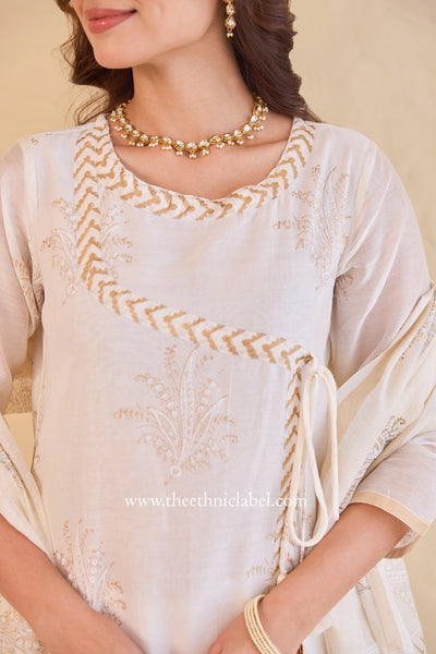 "Shubhra" Ivory Hand Block Printed Chanderi Suit Set(3pc)