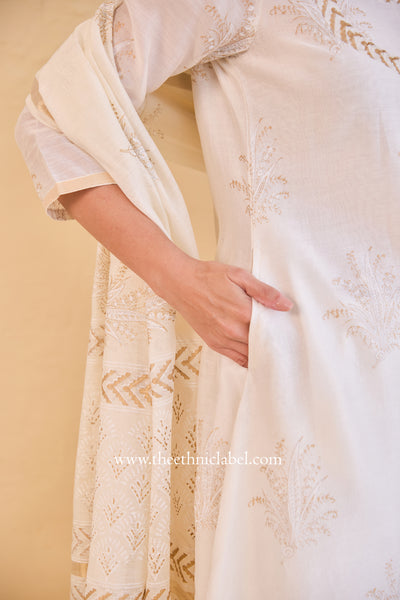 "Shubhra" Ivory Hand Block Printed Chanderi Suit Set(3pc)