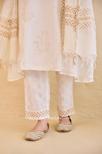 "Shubhra" Ivory Hand Block Printed Chanderi Suit Set(3pc)