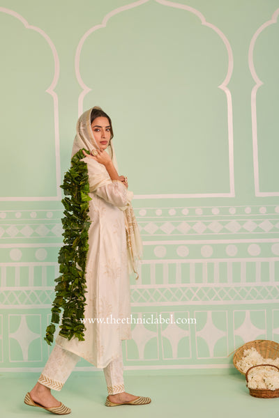 "Shubhra" Ivory Hand Block Printed Chanderi Suit Set(3pc)