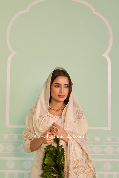 "Shubhra" Ivory Hand Block Printed Chanderi Suit Set(3pc)