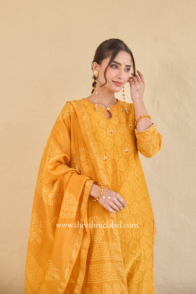 "Sunehri" Hand Block Printed Embroidered Yellow Chanderi Suit Set (3pc)