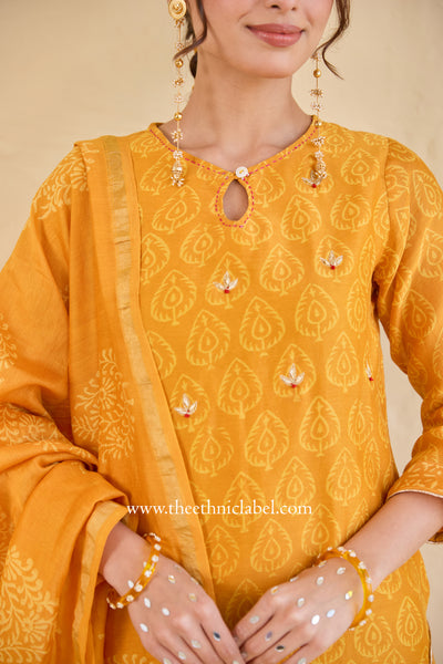 "Sunehri" Hand Block Printed Embroidered Yellow Chanderi Suit Set (3pc)