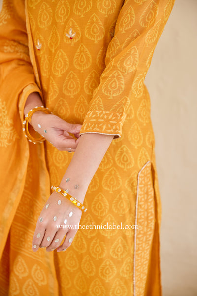 "Sunehri" Hand Block Printed Embroidered Yellow Chanderi Suit Set (3pc)