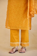 "Sunehri" Hand Block Printed Embroidered Yellow Chanderi Suit Set (3pc)