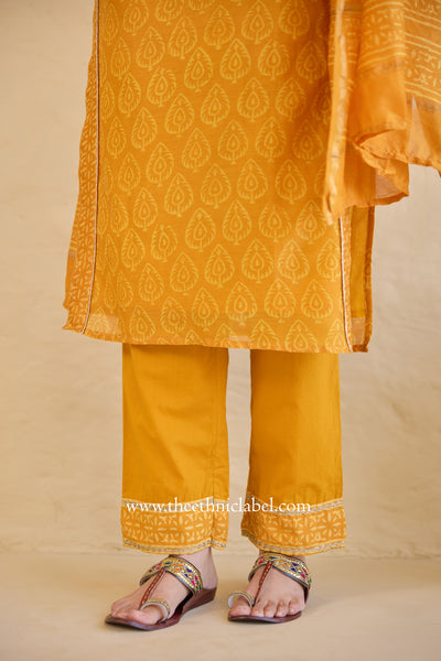 "Sunehri" Hand Block Printed Embroidered Yellow Chanderi Suit Set (3pc)
