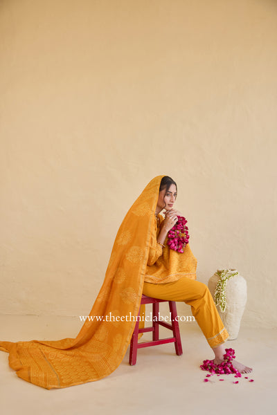 "Sunehri" Hand Block Printed Embroidered Yellow Chanderi Suit Set (3pc)