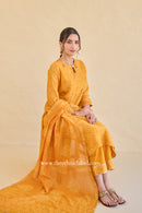 "Sunehri" Hand Block Printed Embroidered Yellow Chanderi Suit Set (3pc)