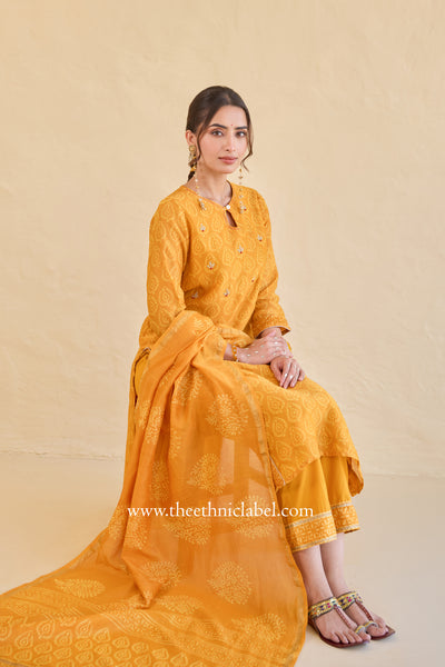 "Sunehri" Hand Block Printed Embroidered Yellow Chanderi Suit Set (3pc)
