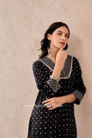 "Siyahi" Black Polka Hand Block Printed Cotton Kurta