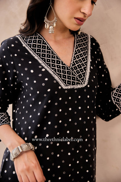 "Siyahi" Black Polka Hand Block Printed Cotton Kurta