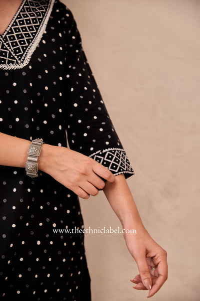 "Siyahi" Black Polka Hand Block Printed Cotton Kurta