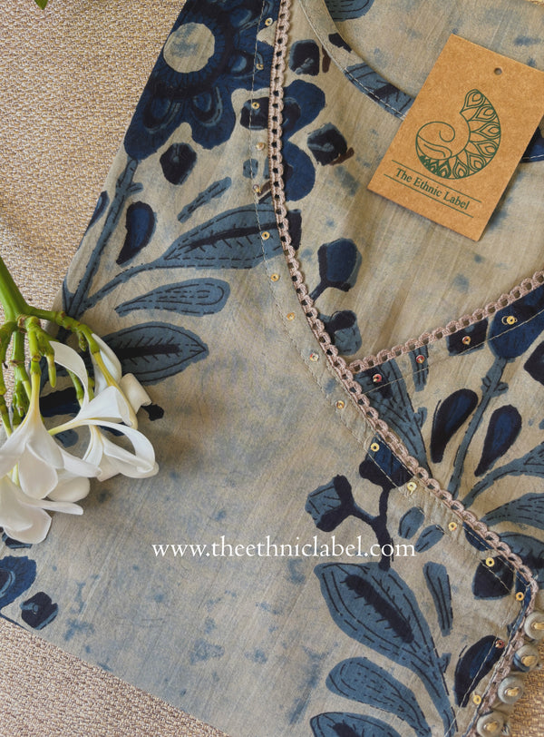 Sandhya Grey-Blue Angrakha Cotton kurta (S to 5XL)