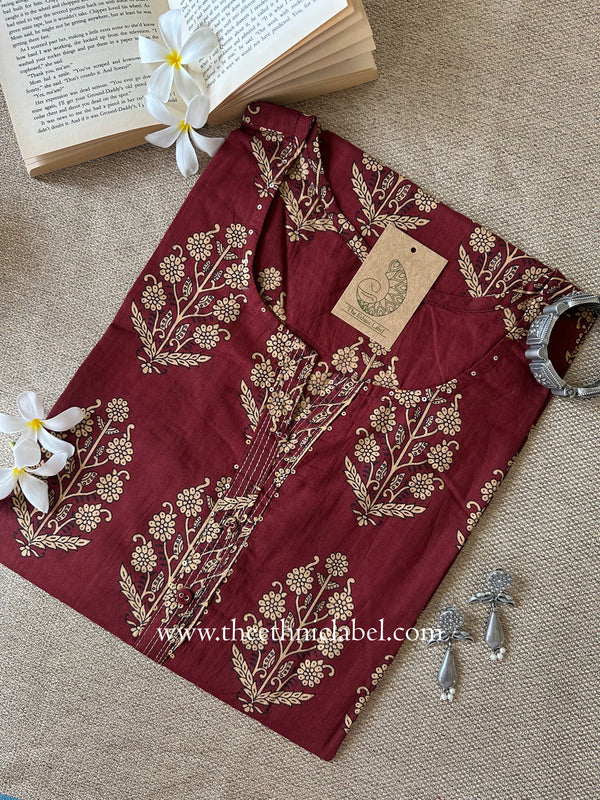 "Rumi" Maroon Cotton kurta - Big Size
