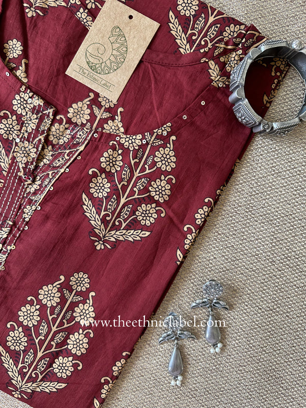 "Rumi" Maroon Cotton kurta - Big Size