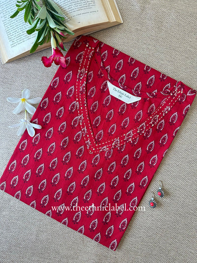 "Purab" Red Cotton kurta - Big Size