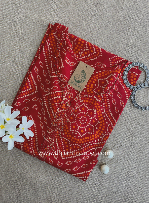 "Ritu" Red Bandhani Printed Cotton kurta - Big Size