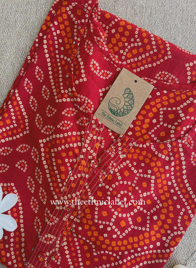 "Ritu" Red Bandhani Printed Cotton kurta - Big Size