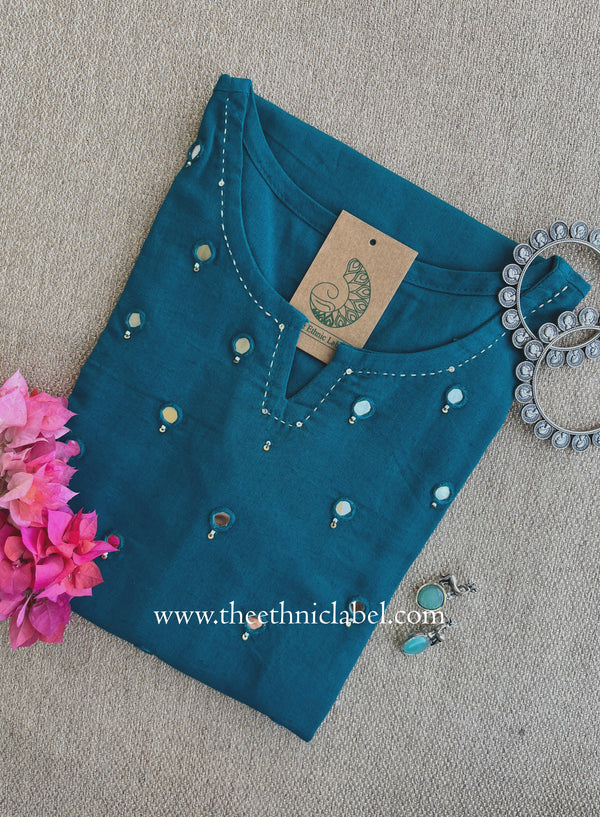 "Mumtaz" Rama Green Mirror Work Cotton kurta