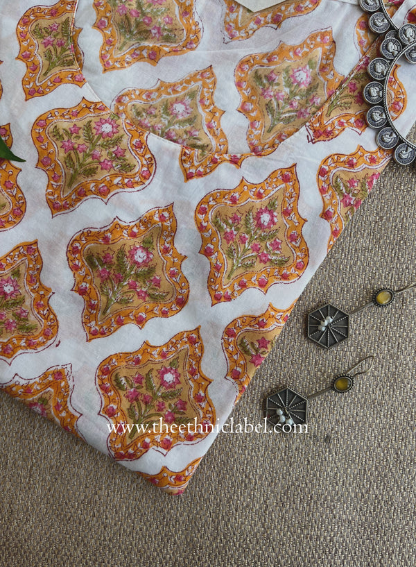 "Kesar" Hand Block Printed Cream Cotton kurta