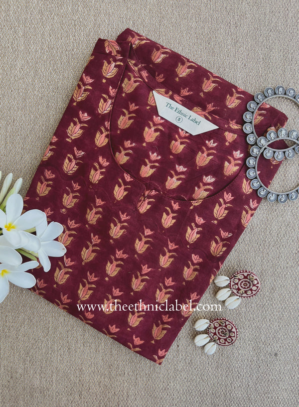 "Raunak" Hand Block Printed Maroon Cotton kurta