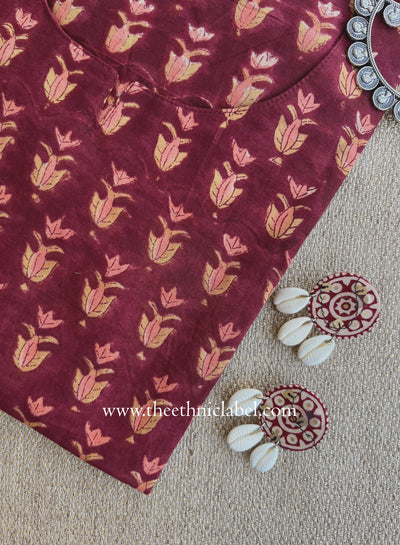 "Raunak" Hand Block Printed Maroon Cotton kurta
