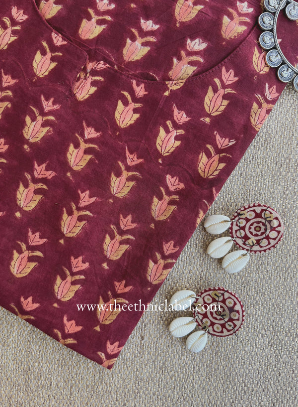 "Raunak" Hand Block Printed Maroon Cotton kurta