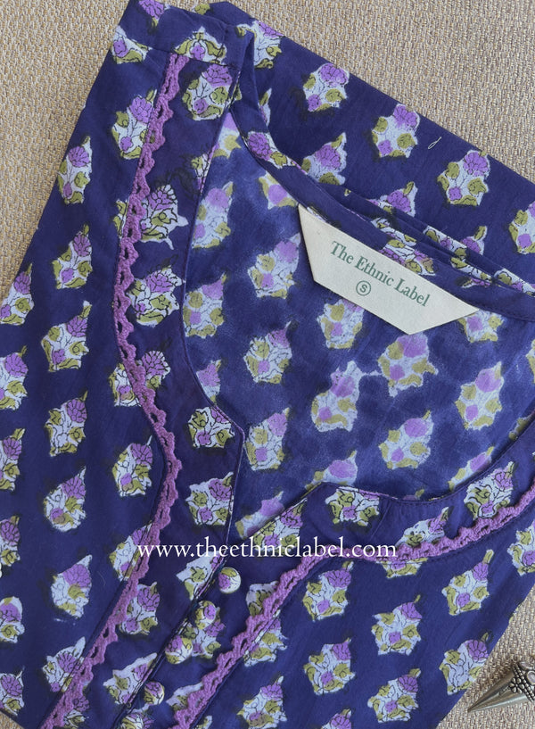 "Mehira" Hand Block Printed Purple Cotton kurta