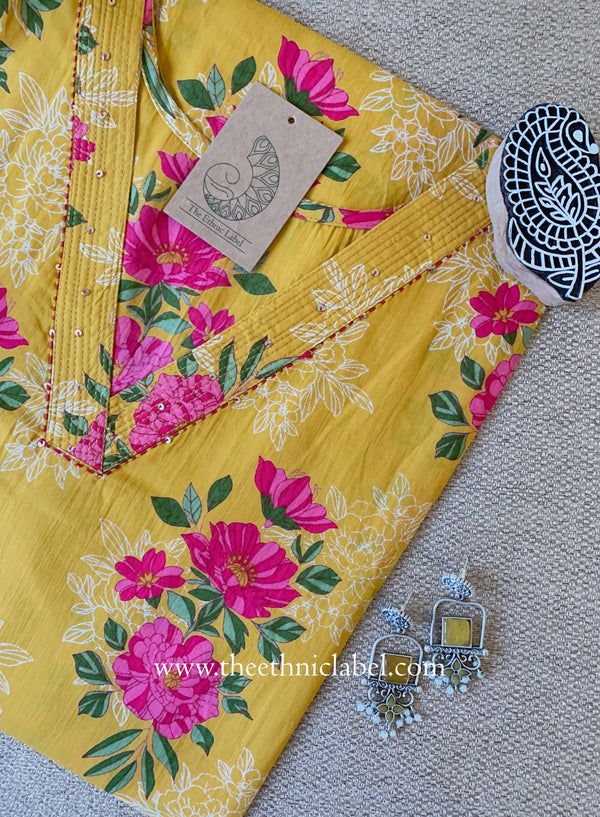 "Farhat" Yellow Cotton kurta - Big Size