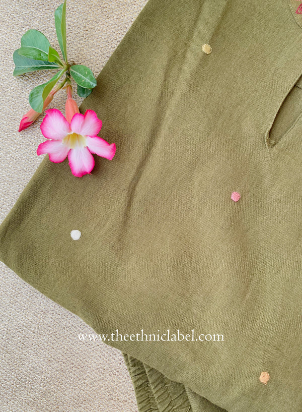 "Param" Green Embroidered Cotton Kurta Set (2pc)