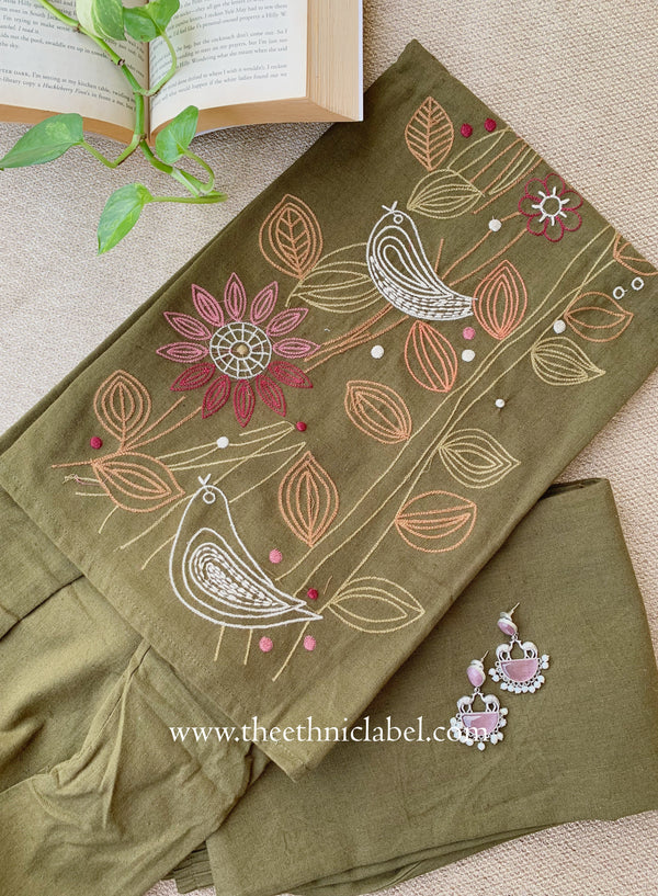 "Param" Green Embroidered Cotton Kurta Set (2pc)