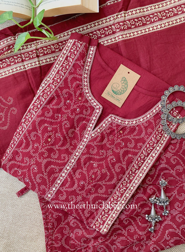 "Mallika" Maroon Cotton Kurta Set with Cotton Dupatta(3pc)
