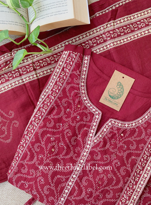 "Mallika" Maroon Cotton Kurta Set with Cotton Dupatta(3pc)