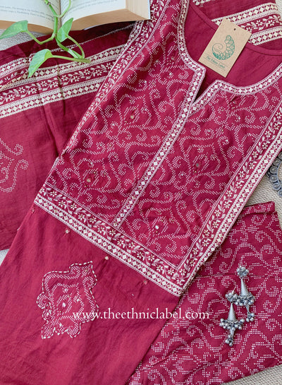"Mallika" Maroon Cotton Kurta Set with Cotton Dupatta(3pc)