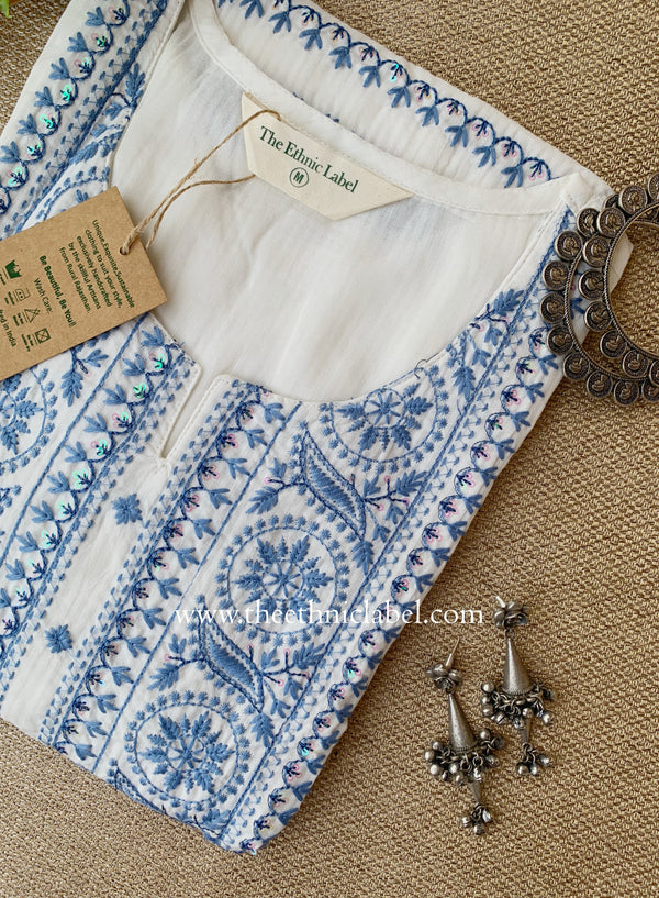 "Sutrika" Blue Embroidered Cotton kurta