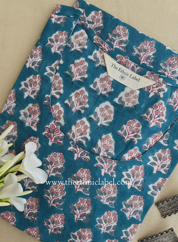 "Shaan" Hand Block Printed Blue Cotton kurta