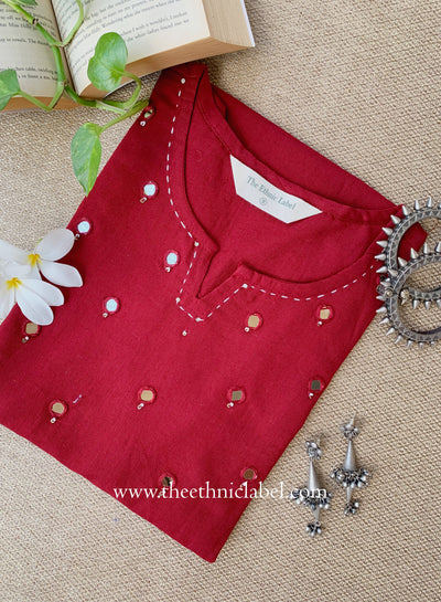 "Mumtaz" Maroon Mirror Work Cotton kurta