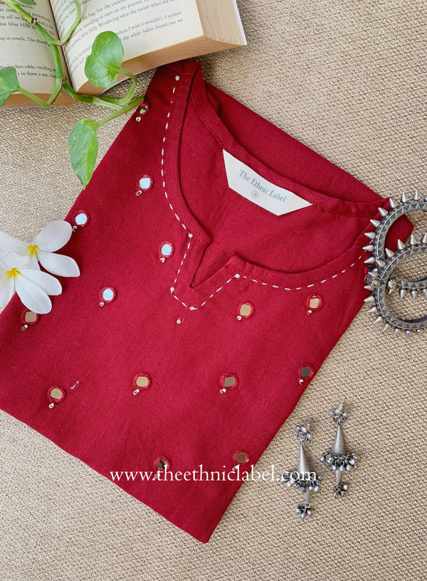 "Mumtaz" Maroon Mirror Work Cotton kurta