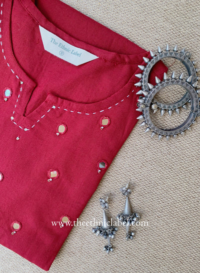 "Mumtaz" Maroon Mirror Work Cotton kurta