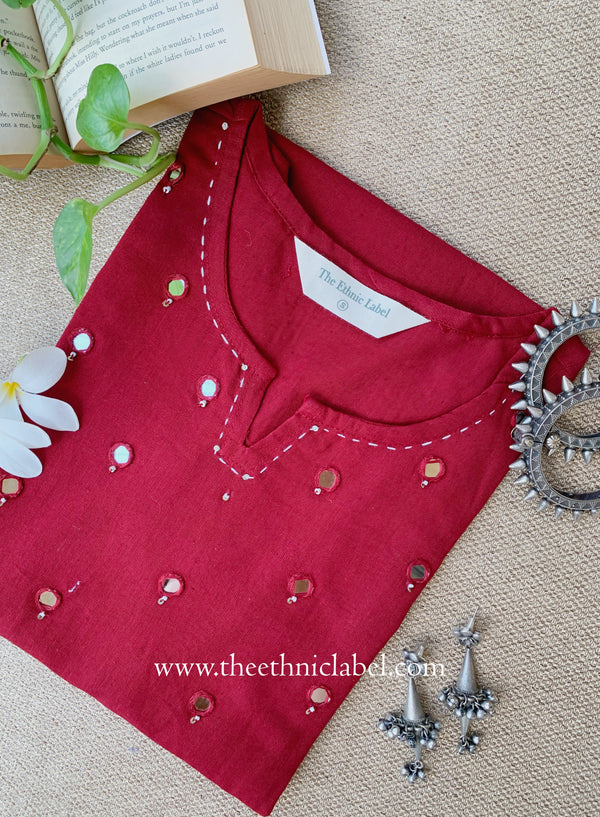"Mumtaz" Maroon Mirror Work Cotton kurta