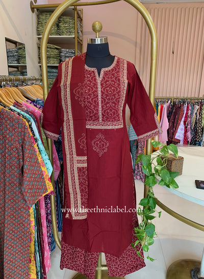 "Mallika" Maroon Cotton Kurta Set with Cotton Dupatta(3pc)