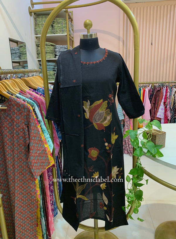 "Nargis" Black Embroidered Cotton Kurta Set with Cotton Dupatta(3pc)