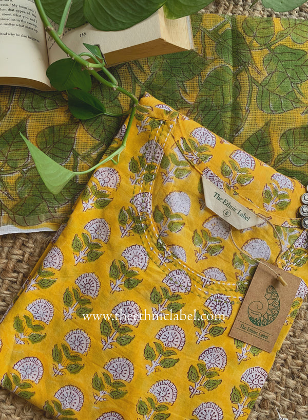 "Sumaya" Hand Block Printed Cotton kurta with with kota doria dupatta (2pc)