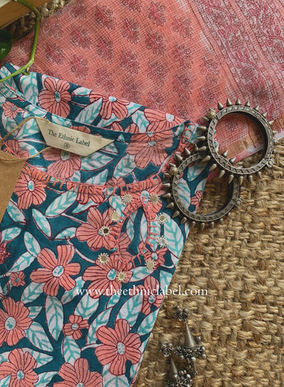 "Sarini" Hand Block Printed Cotton kurta with with kota doria dupatta(2pc)