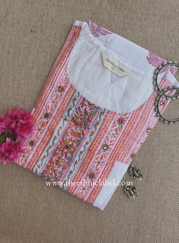 Mahal Printed Cream-Peach Cotton kurta