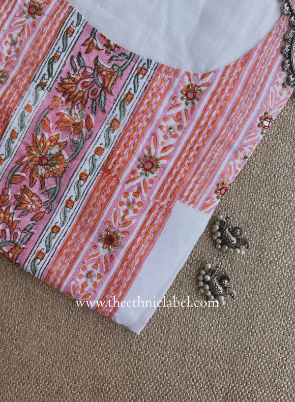 Mahal Printed Cream-Peach Cotton kurta