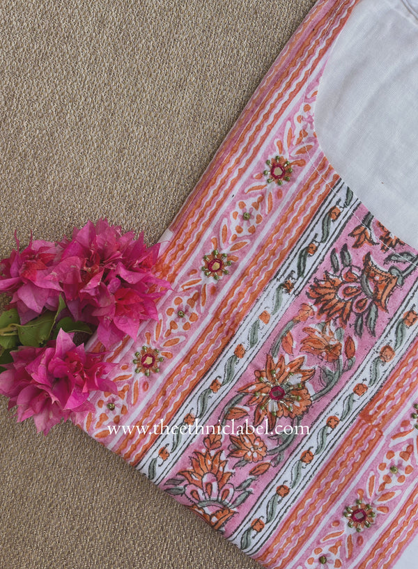Mahal Printed Cream-Peach Cotton kurta