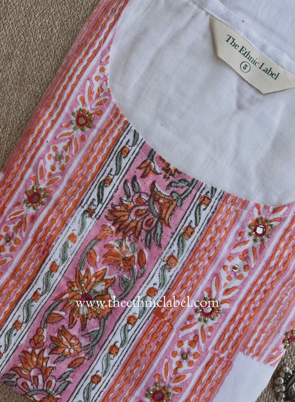 Mahal Printed Cream-Peach Cotton kurta