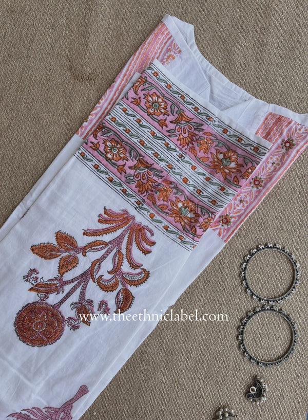 Mahal Printed Cream-Peach Cotton kurta